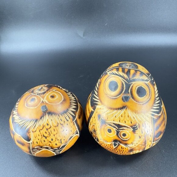 Artisan Handmade Peruvian Painted Carved Bird Owl Decorative Gourd Set 2 Figure - Picture 9 of 10